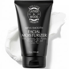 Crema hidratante facial sin fragancia de Lather & Wood para hombres, equilibrio y suavidad diaria.