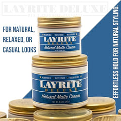 Layrite crema mate natural de 15 onzas en primer plano, muestra el envase compacto.