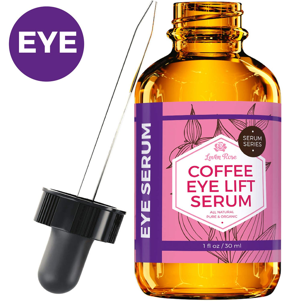 Serum de ojos Leven Rose con cafeína en botella, sensación fresca para la mirada.