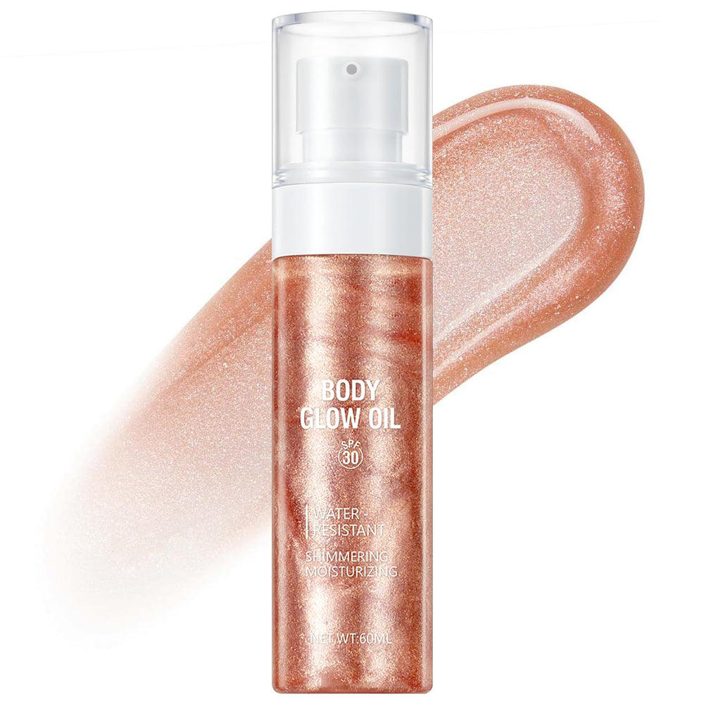 Lezero Rose Gold, botella de aceite brillo corporal SPF30 para piel radiante.
