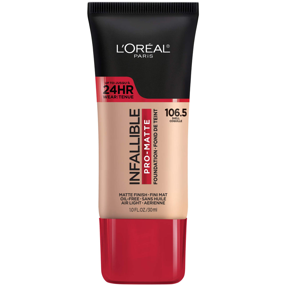Base de maquillaje Infallible Pro-Matte de L'Oreal Paris, botella, cobertura estable durante todo el día.