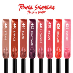 Muestras de tonos de Rouge Signature desde rojos hasta nude parisinos
