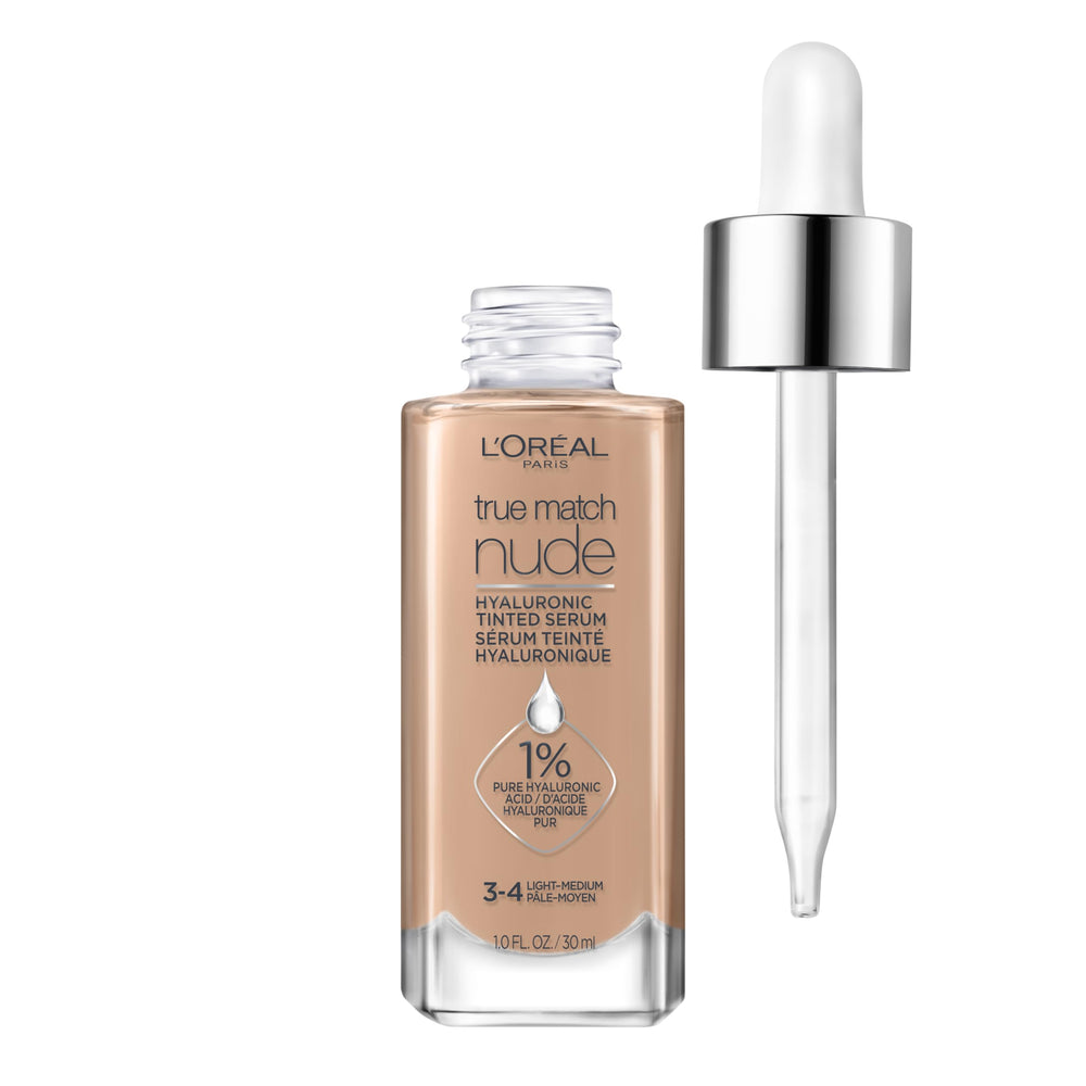 L'Oreal Paris True Match Nude Hyaluronic Serum, bote visible, hidratación ligera y acabado radiante.