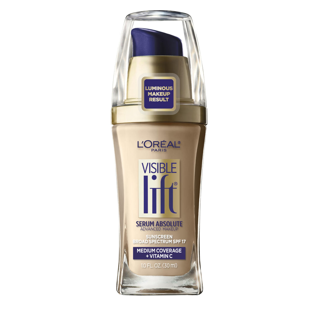 L'Oreal Paris Visible Lift Serum Absolute Foundation Light Ivory en envase elegante para aplicación suave y tono uniforme.