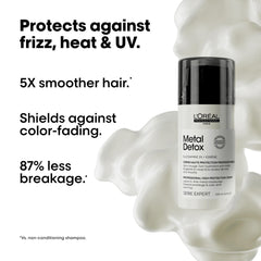 L’Oréal Professionnel Paris Metal Detox protección UV y calor hasta 450°F para el cabello.
