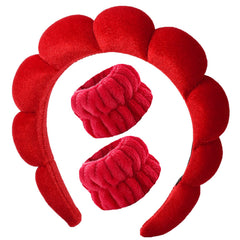 Luckybear Spa Headband frontal en terciopelo rojo, mantiene el cabello recogido durante el lavado facial.