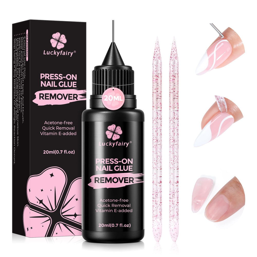 Luckyfairy quita-pegamento-uñas 20ml, elimina adhesivo rápidamente sin dañar la uña.