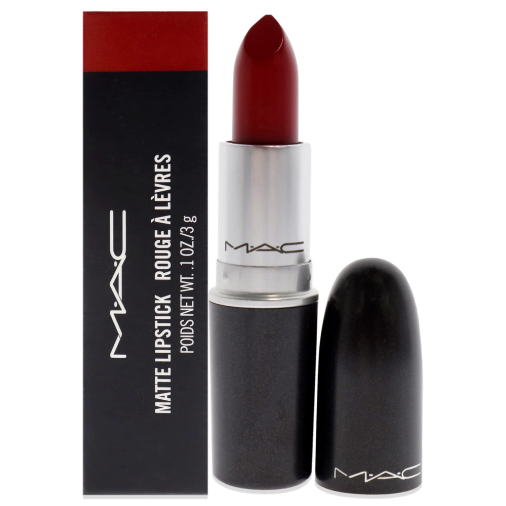 MAC Matte Lipstick 612 Rojo Ruso en empaque elegante para color intenso.