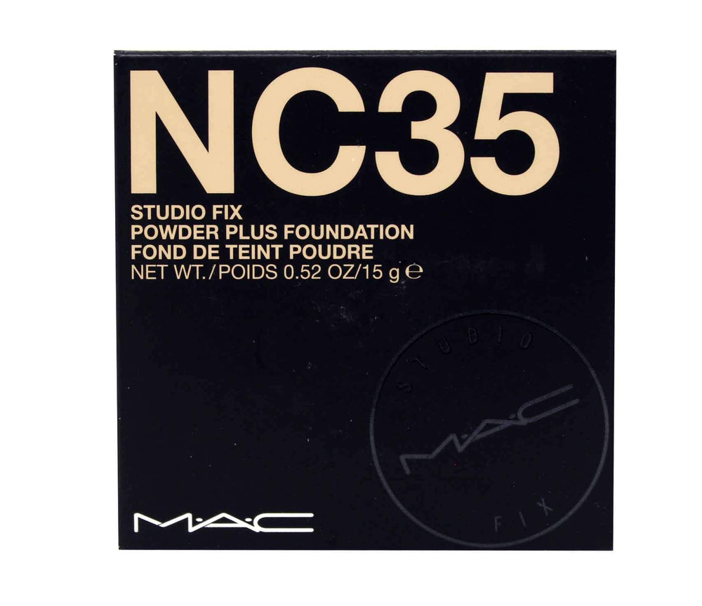 MAC Studio Fix Powder Plus Foundation NC35 en frasco, acabado mate y cobertura uniforme.