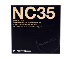 MAC Studio Fix Powder Plus Foundation NC35 en frasco, acabado mate y cobertura uniforme.