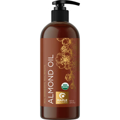 Maple Holistics aceite de almendra dulce orgánico en botella, hidratación suave para piel y cabello.