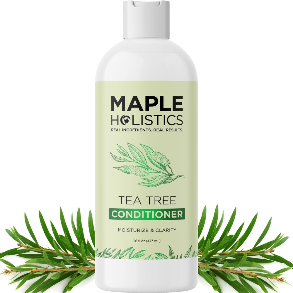 Maple Holistics Acondicionador Árbol de Té, botella vertiendo, cuidado suave para cabello.