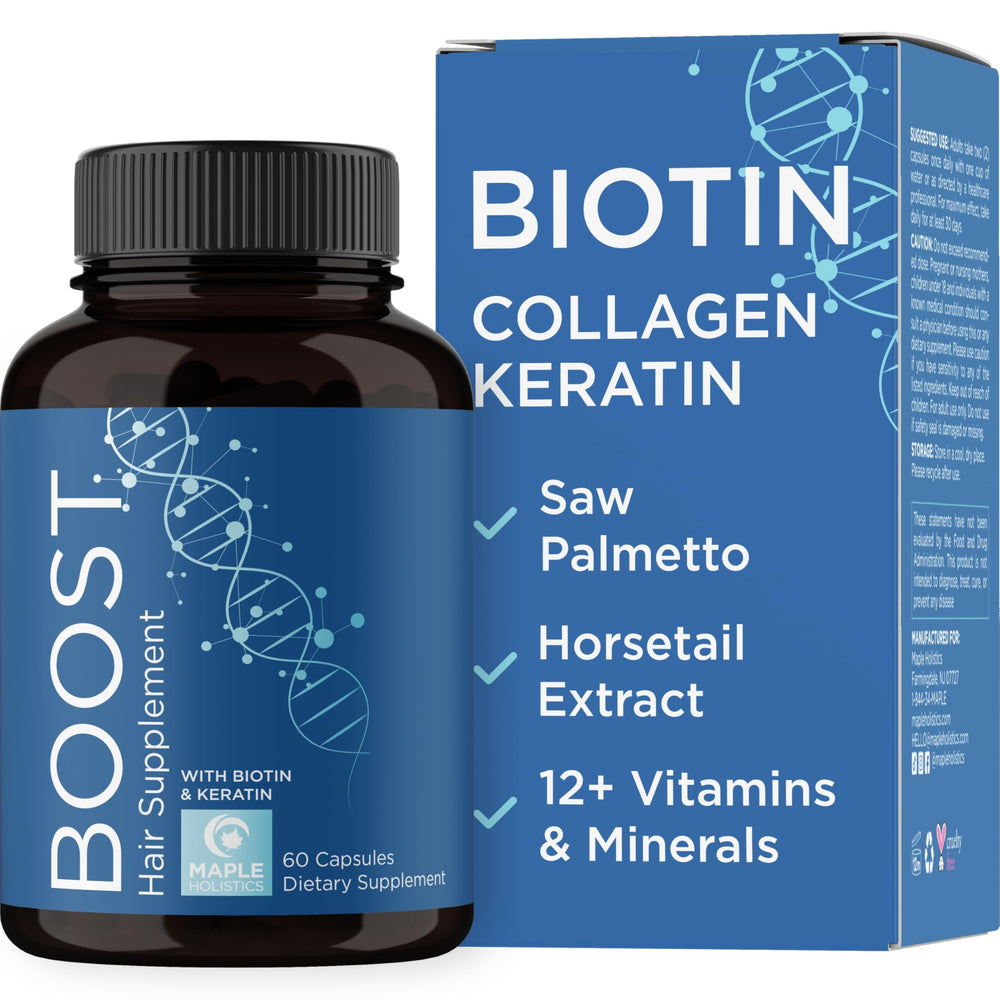 Maple Holistics Biotina y Collagen, vista frontal de la botella, cabello más brillante