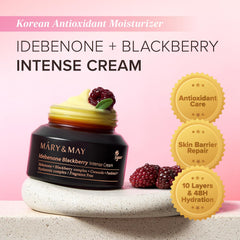 Mary&May Idebenone Blackberry Cream, frasco compacto para uso diario.