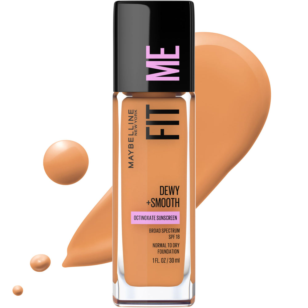 Maybelline Fit Me Dewy + Smooth 330 Caramelo, envase visible, hidratación natural para piel radiante.