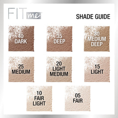 Maybelline Fit Me, tono marfil a cacao para acabado natural.