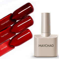 MAYCHAO Jelly Burgundy botella muestra tono intenso para uñas brillantes.