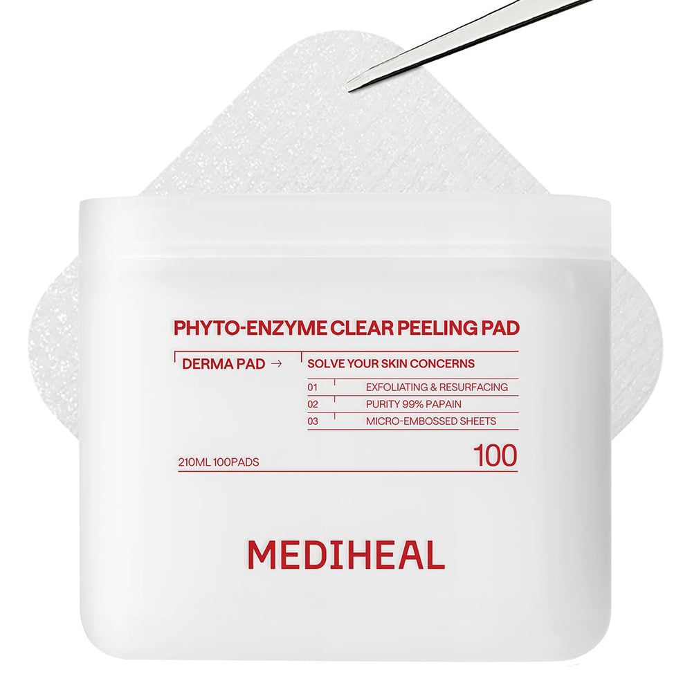 Mediheal almohadillas tonico enzima fito, frente del envase, exfoliacion suave para poros limpios