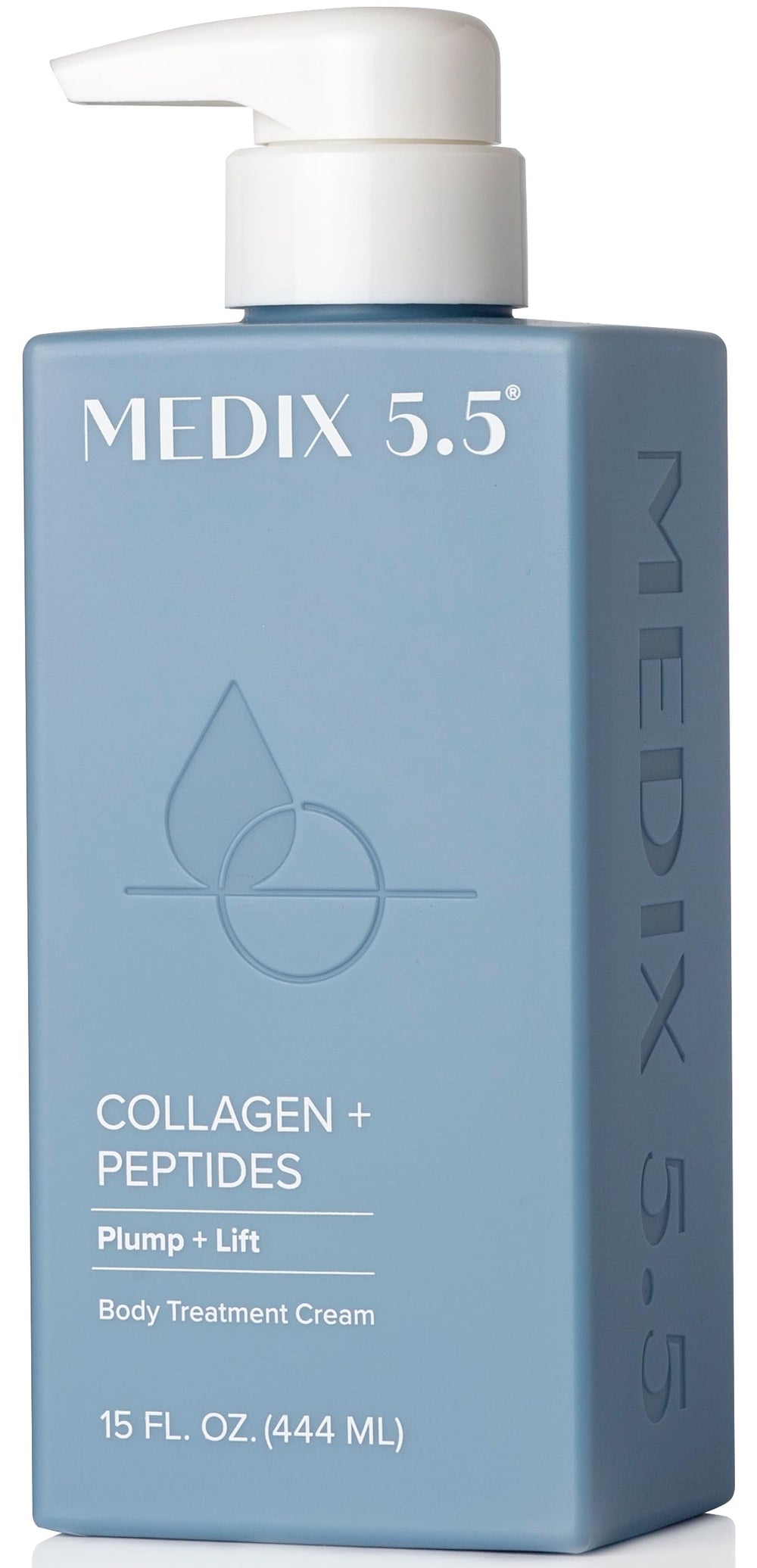 Medix 5.5 Crema de Colágeno, botella vertiendo, revela hidratación suave y firmeza en la piel.