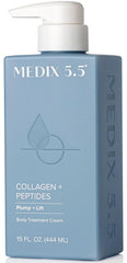 Medix 5.5 Crema de Colágeno, botella vertiendo, revela hidratación suave y firmeza en la piel.