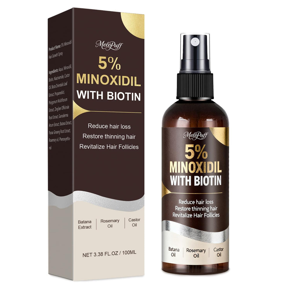 Melopuff Minoxidil 5% botella rociador para aplicación precisa en el cuero cabelludo