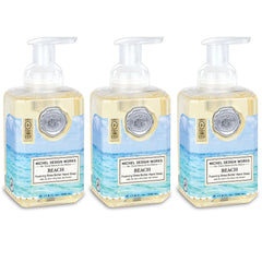 Michel Design Works Jabón de Mano Espuma Beach, frente del empaque 3-pack, aroma refrescante para la cocina.