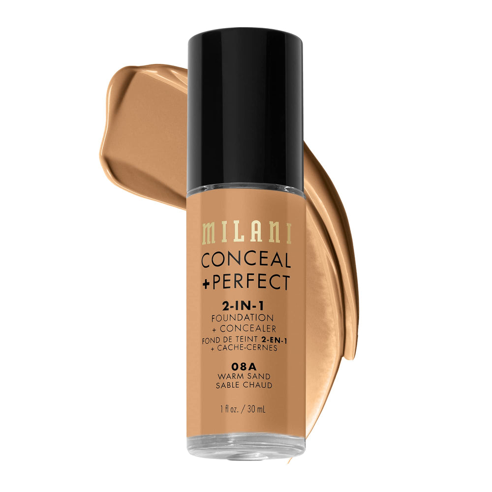 Milani Conceal + Perfect fundación líquida tono arena cálido para acabado natural.