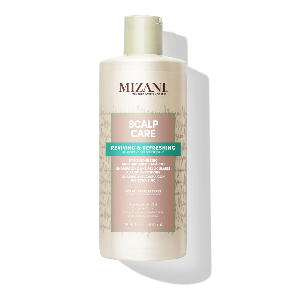 Shampoo Mizani para cuero cabelludo, botella visible, limpieza profunda.