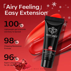 Aplicación y curado de gel poligel rojo de Modelones bajo lámpara UV/LED.