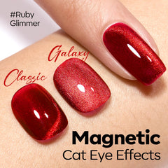 Modelones gel rojo iridiscente con glitter para acabado glamuroso.