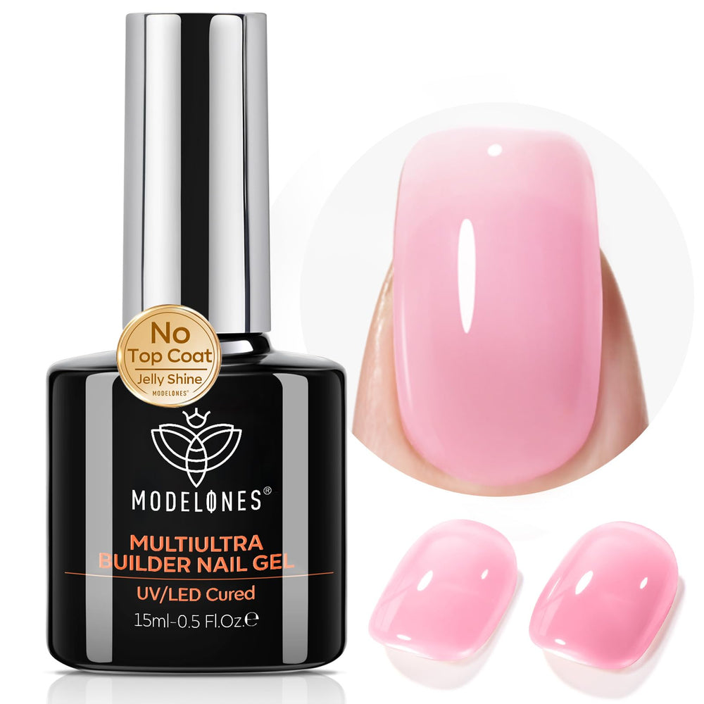 Modelones Builder Nail Gel botella rosa con acabado brillante, ideal para brillo duradero.