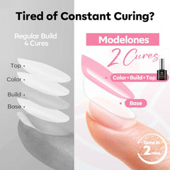 Modelones Builder Nail Gel, curado con diodos LED de 60 a 90 segundos para un acabado duradero.
