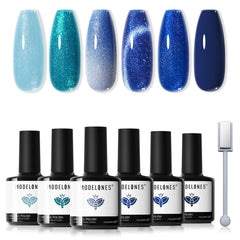 Modelones esmalte gel azul, seis colores, acabado duradero para uñas elegantes.