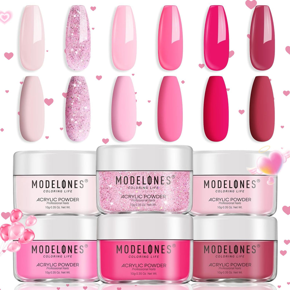 Modelones polvo acrílico rosa 6 colores para manicura en casa con acabado suave y natural.