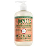 Jabón de manos Mrs. Meyer’s Clean Day frente a la botella aroma geranio para uso diario