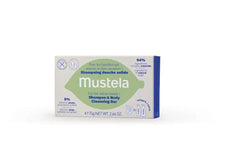 Mustela barra, empaque de cartón reciclable, opción sostenible para el baño.