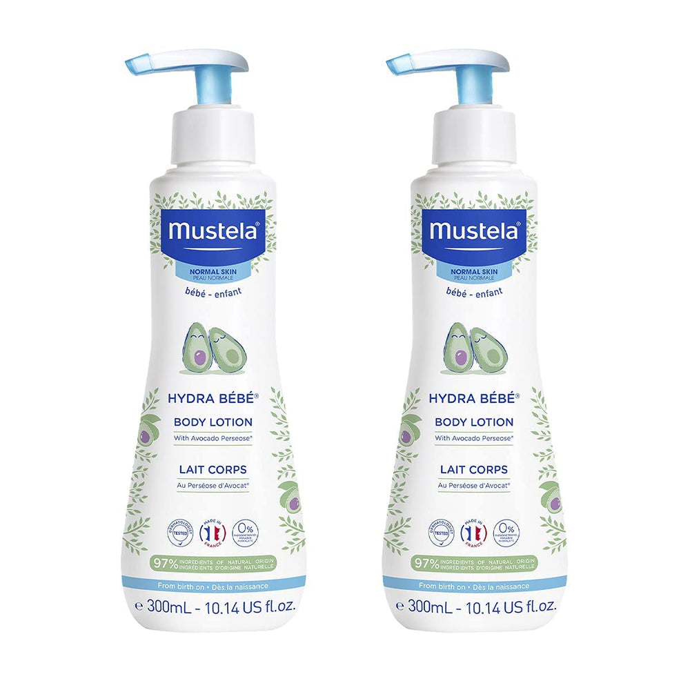 Mustela Hydra Bébé loción corporal diaria con absorción rápida para piel suave.