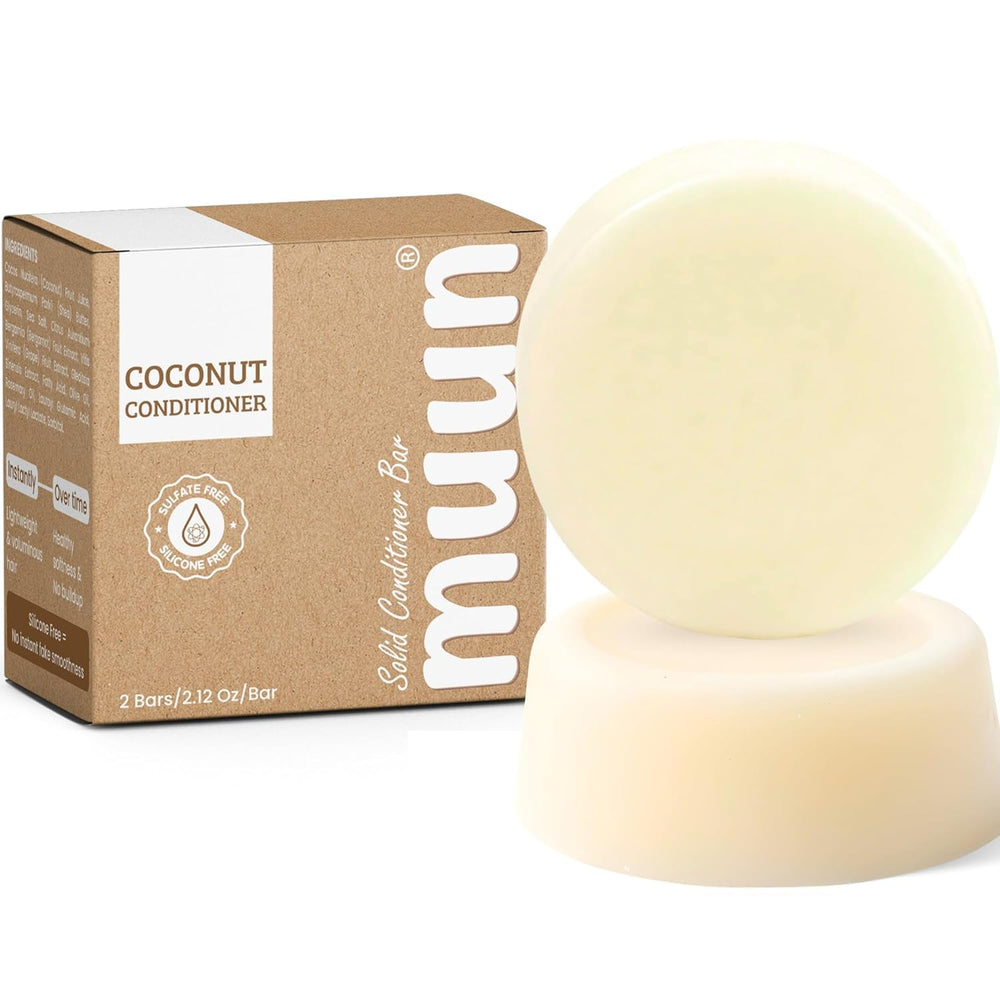 Barra acondicionador Muun de coco en pack de dos para cabello suave y nutrido.
