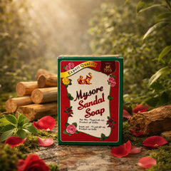Mysore Sandal, fragancia de sándalo duradera, barra de jabón en primer plano.