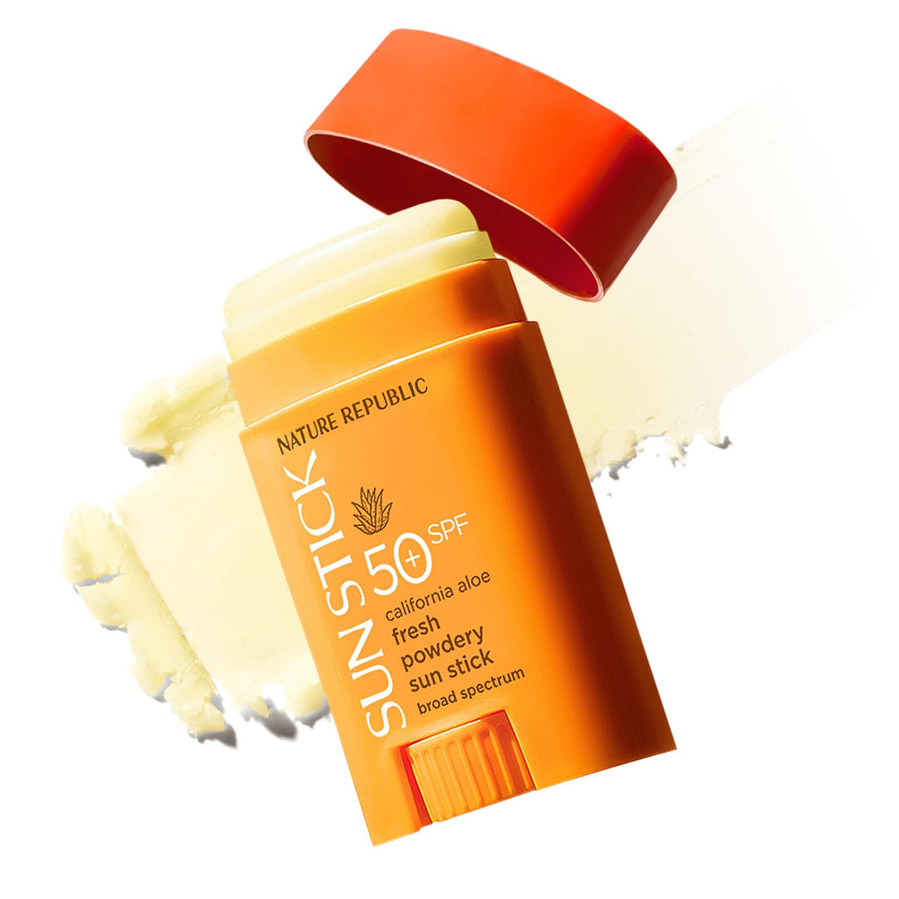 Nature Republic Aloe Fresh Powdery Sun Stick, aplicación rodillo, protección solar rápida y sin manchas.