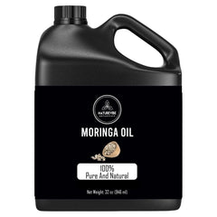 Naturevibe Botanicals Aceite de Moringa 32oz, frasco negro, hidratación suave para la piel.
