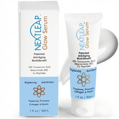 Next Leap Tranexamico 10% en frasco, enfoque en manchas oscuras y claridad de tono.
