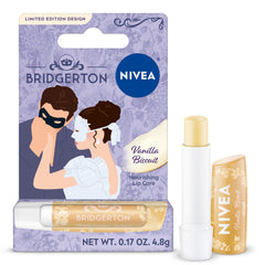 Bálsamo labial NIVEA vainilla galleta, empaque Bridgerton, hidratación duradera para labios tiernos