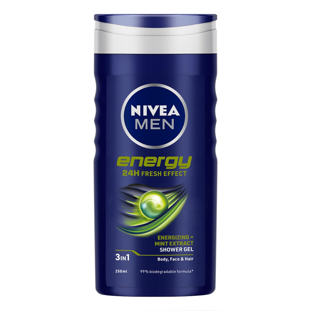 NIVEA para Hombre Energy gel de ducha en botella con aroma vigorizante para empezar el día.