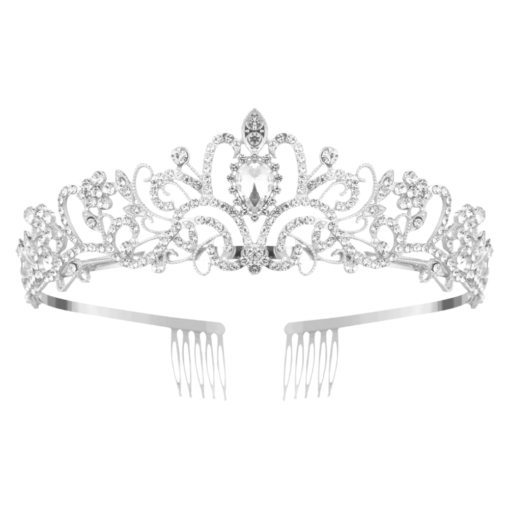 Corona Nljihkure con cristales de plata vista frontal para look elegante