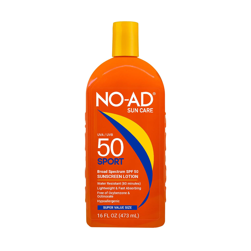 NO-AD protector solar de deporte loción SPF 50 frente del envase, protección para días al aire libre.