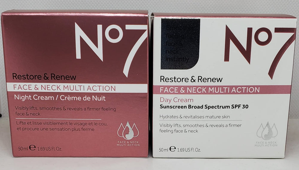 No7 Recupera y Renueva botellas de crema para cara y cuello, nutrición diaria y textura suave