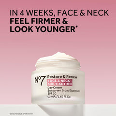 No7 Restore & Renew bottle in hand applying cream to the face for firming