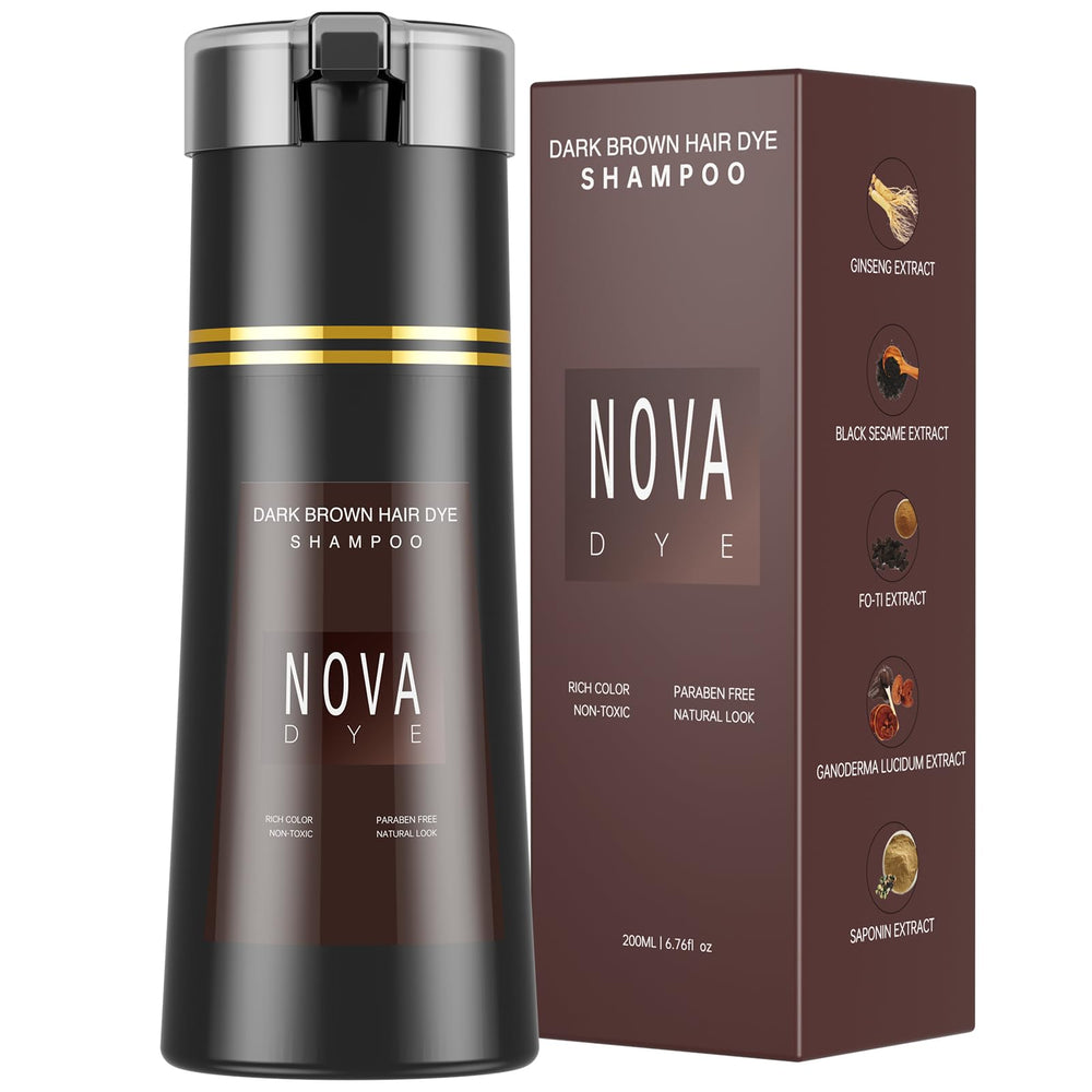 Nova DYE Champú con cobertura gris al 100% para cabello oscuro.