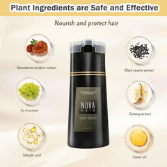 Nova Hair Dye Shampoo actúa en 15–20 minutos para un color uniforme.